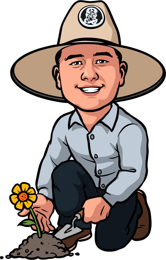 A cartoon of a man wearing a hat and kneeling down holding a flower and a shovel.