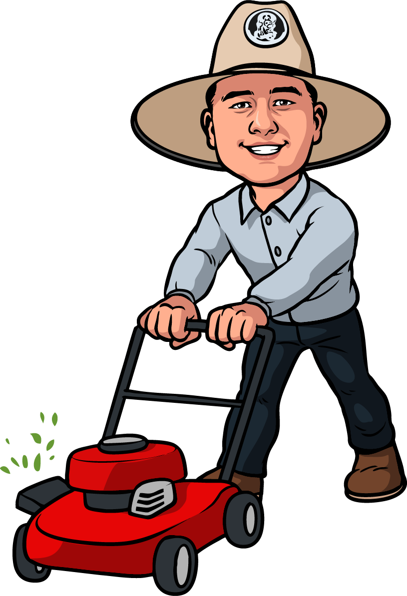 A man in a cowboy hat is pushing a red lawn mower.