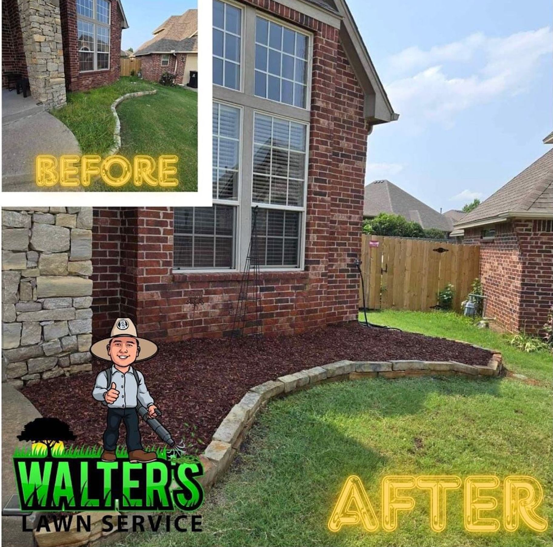A picture of a lawn before and after being maintained by walters lawn service