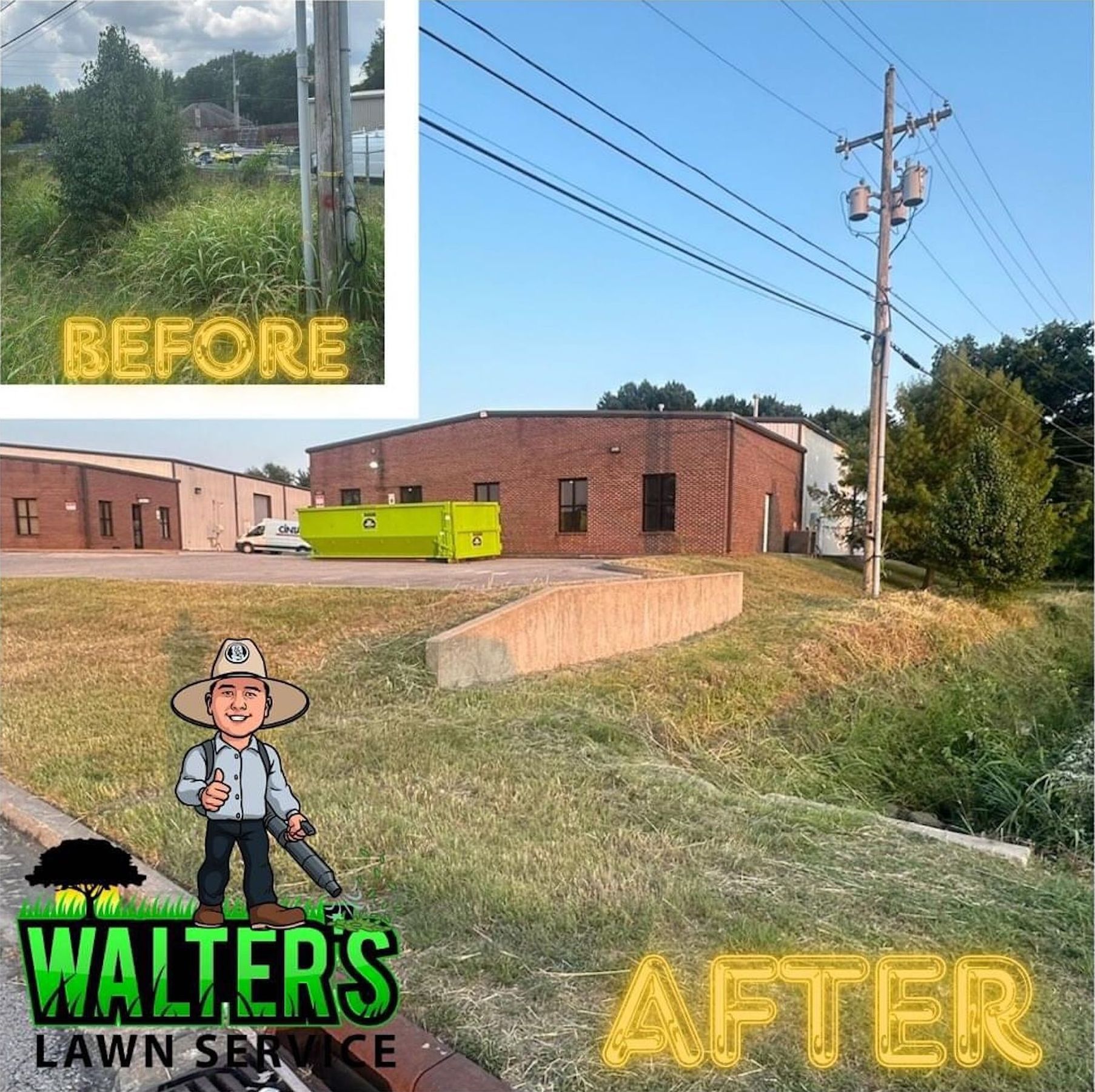 A before and after picture of walter 's lawn service