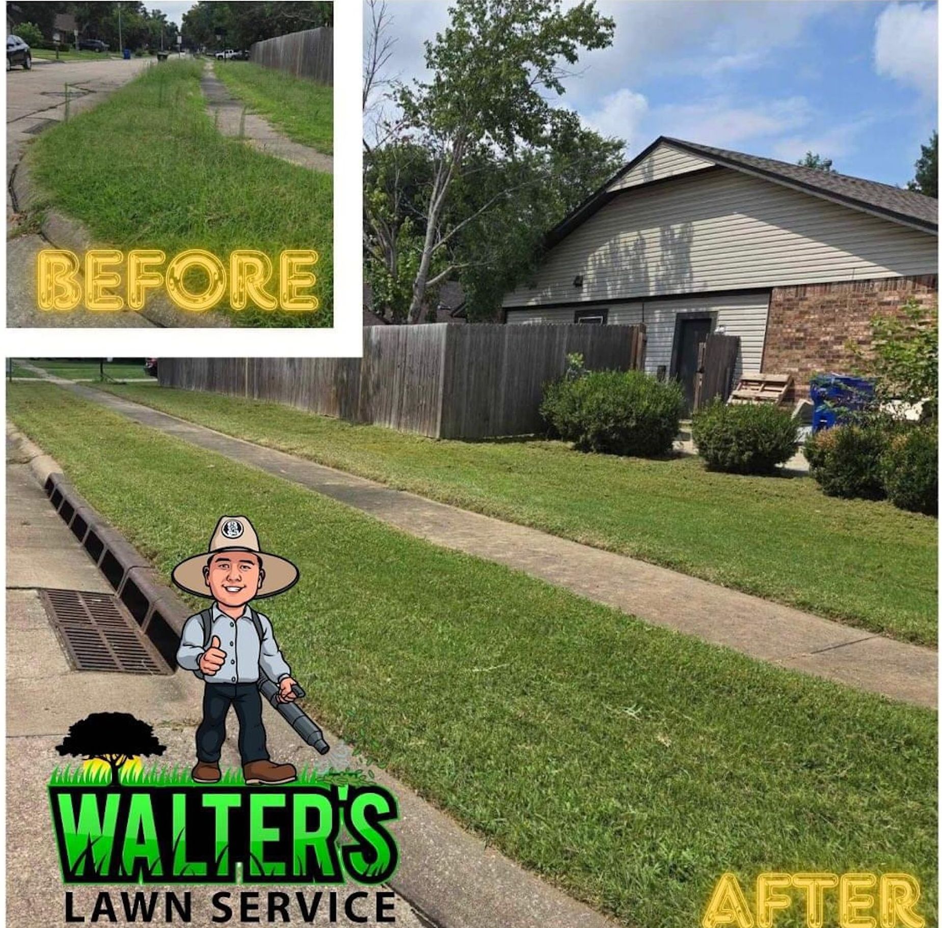 A before and after picture of a walter 's lawn service lawn