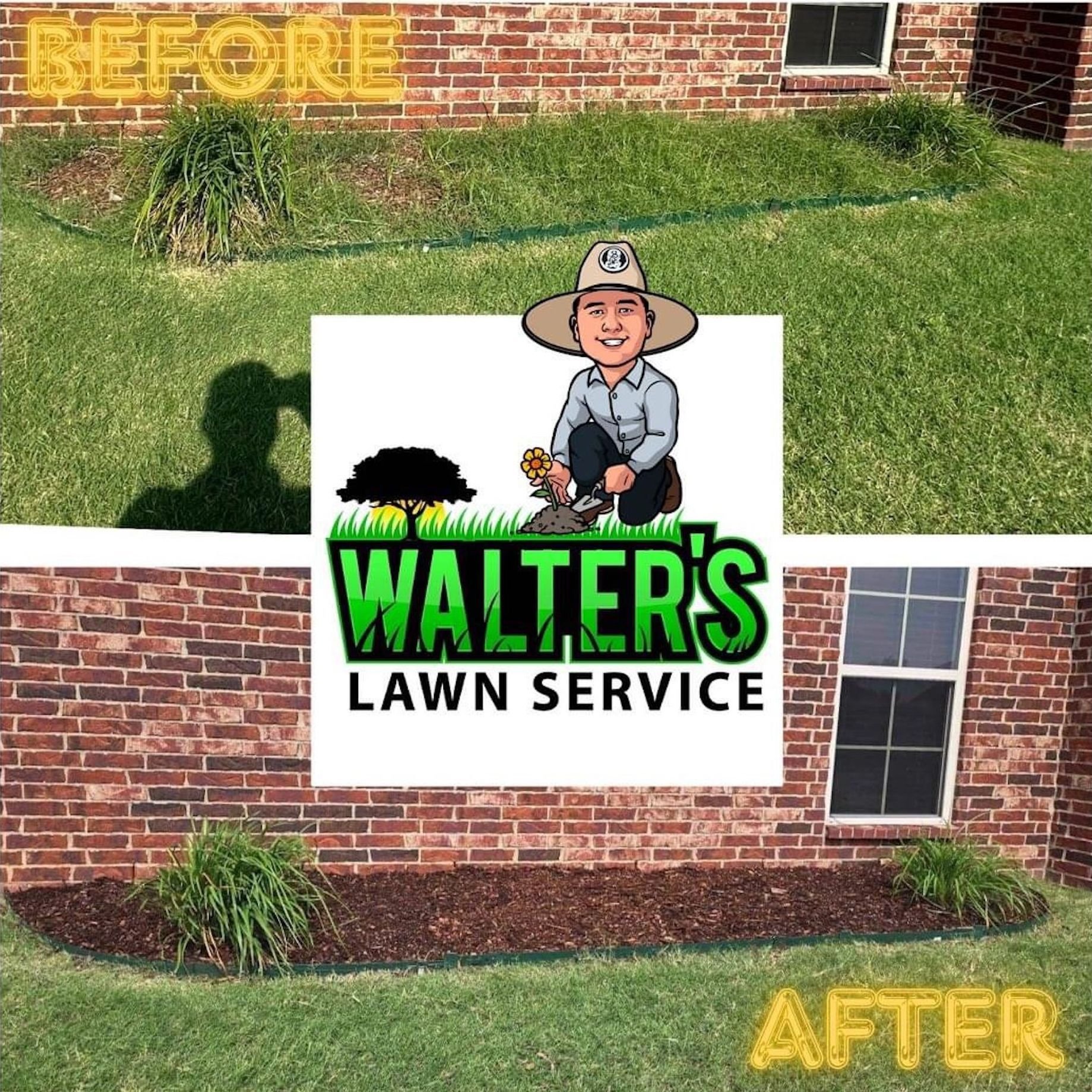 A before and after picture of walter 's lawn service