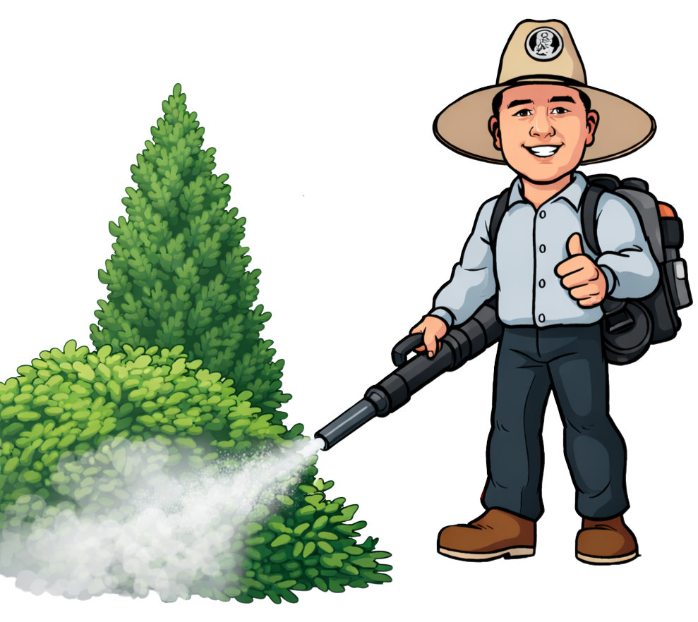 Walters Lawn Service Mascot with a Leaf Blower