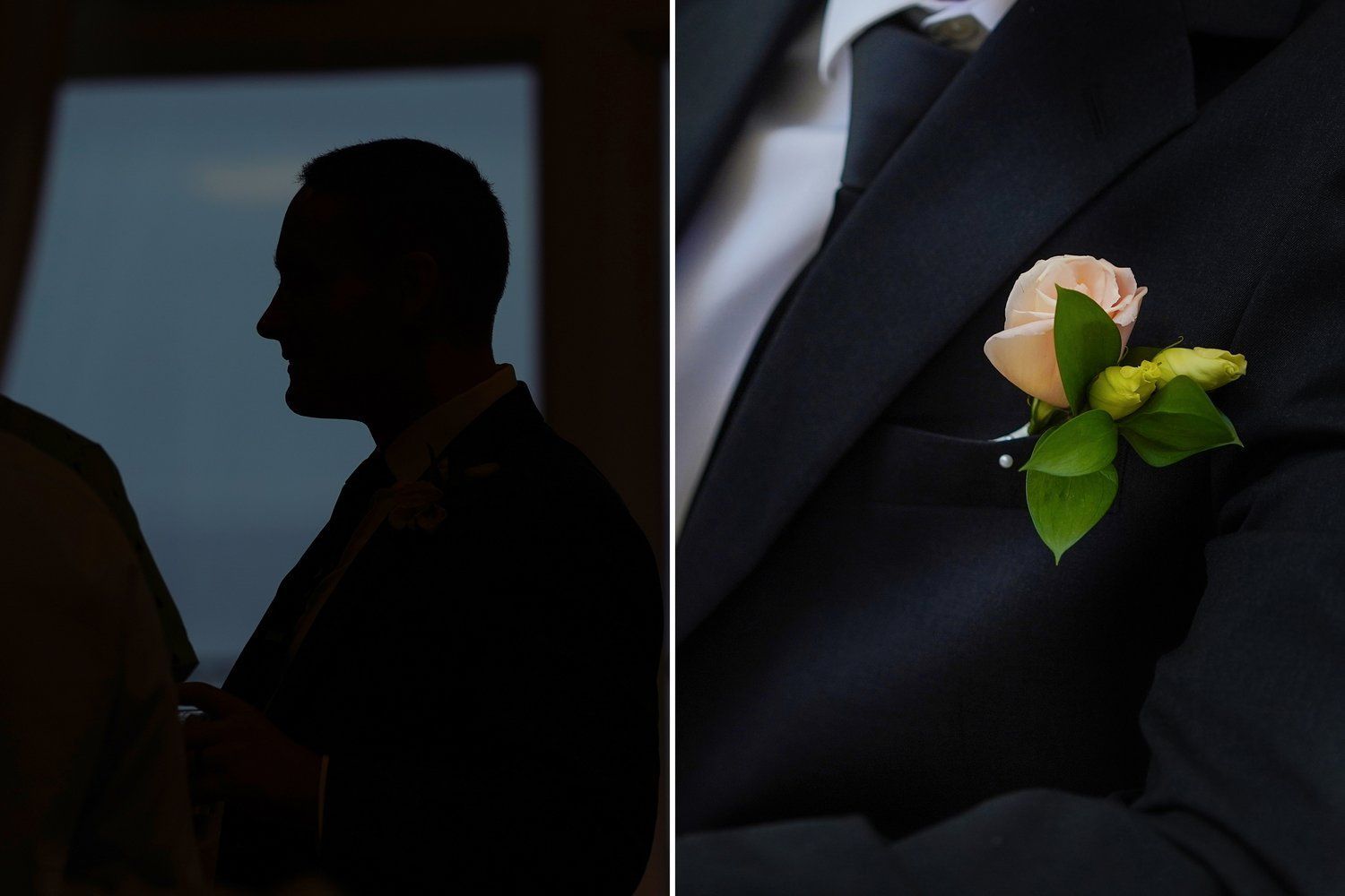 A man in a suit has a flower in his pocket