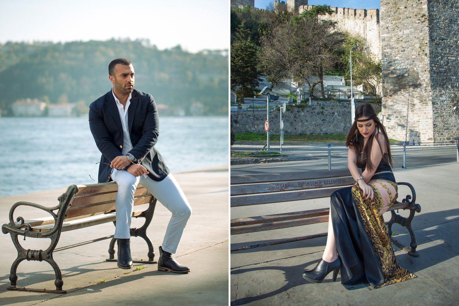 A man is sitting on a bench next to a woman sitting on a bench.