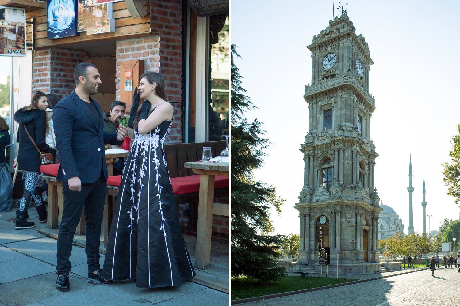 A man and a woman are standing next to each other in front of a clock tower.