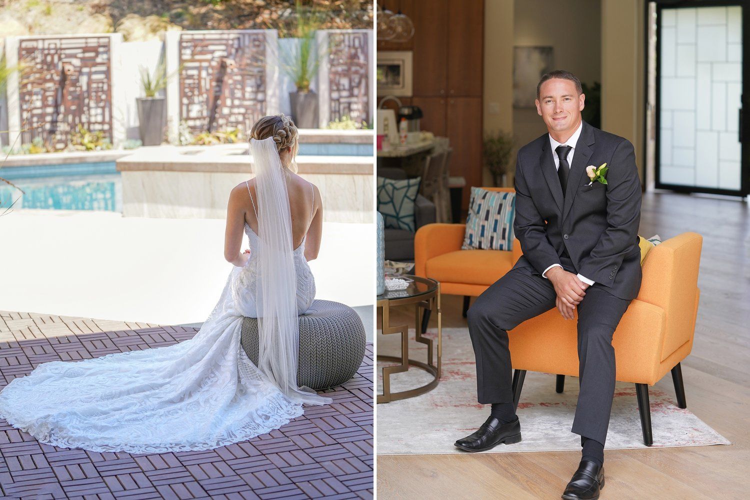A bride in a wedding dress and a groom in a suit are sitting next to each other.