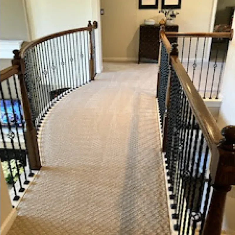 A staircase with a curved railing and a carpeted floor