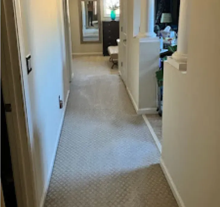 A long hallway with a carpeted floor and a mirror on the wall.