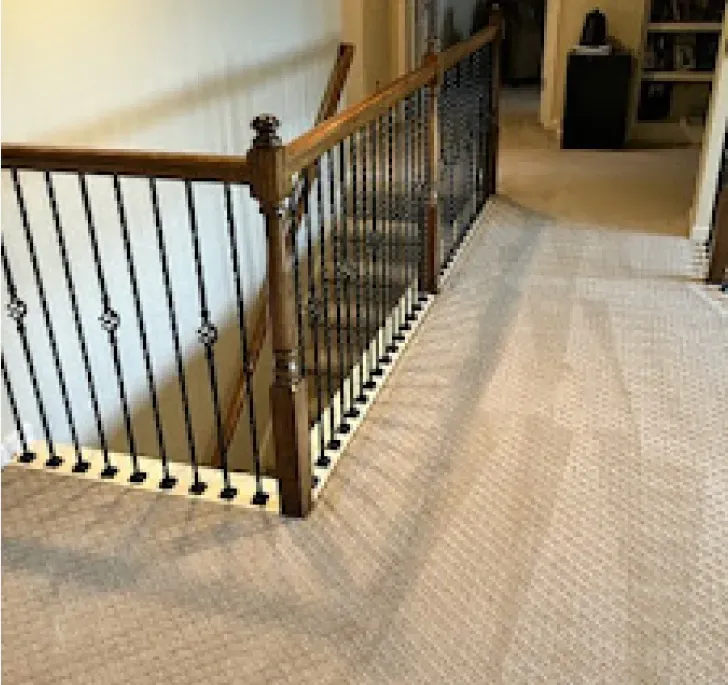 A staircase with a wrought iron railing and a carpeted floor.