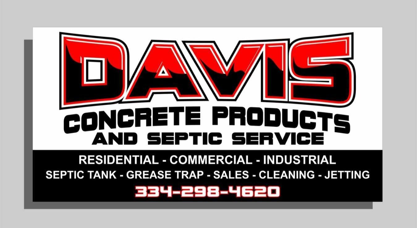 Davis Concrete Products and Septic Service business card, red and black logo with phone number.