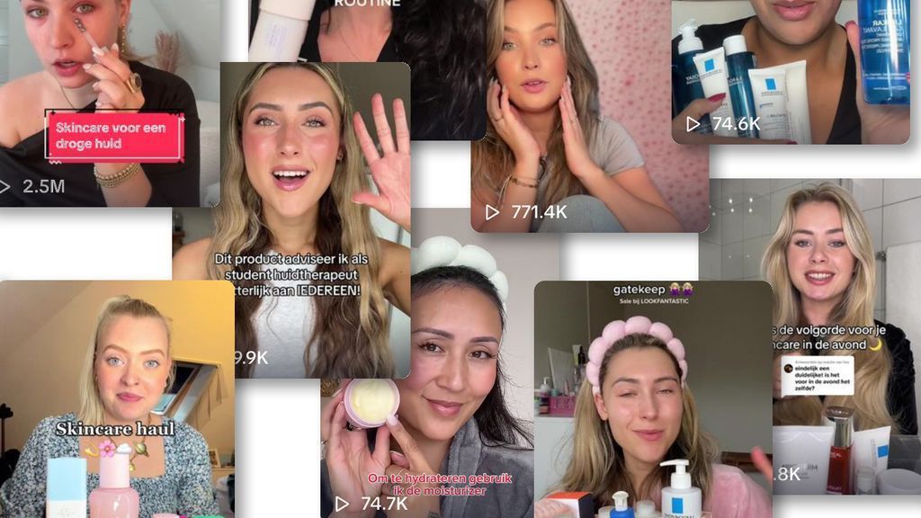 Collage van vrouwen die huidverzorgingsroutines en -producten demonstreren.