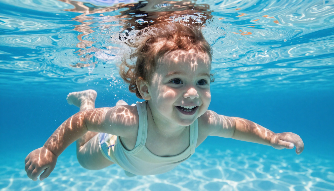 Young child learning to swim with instructor in a bright pool environment
