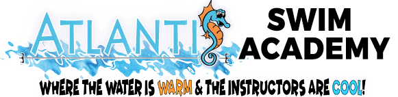 Logo Atlantis Swim Academy, featuring a seahorse, "Swim Academy" and "Where the water is warm & the instructors are cool!"