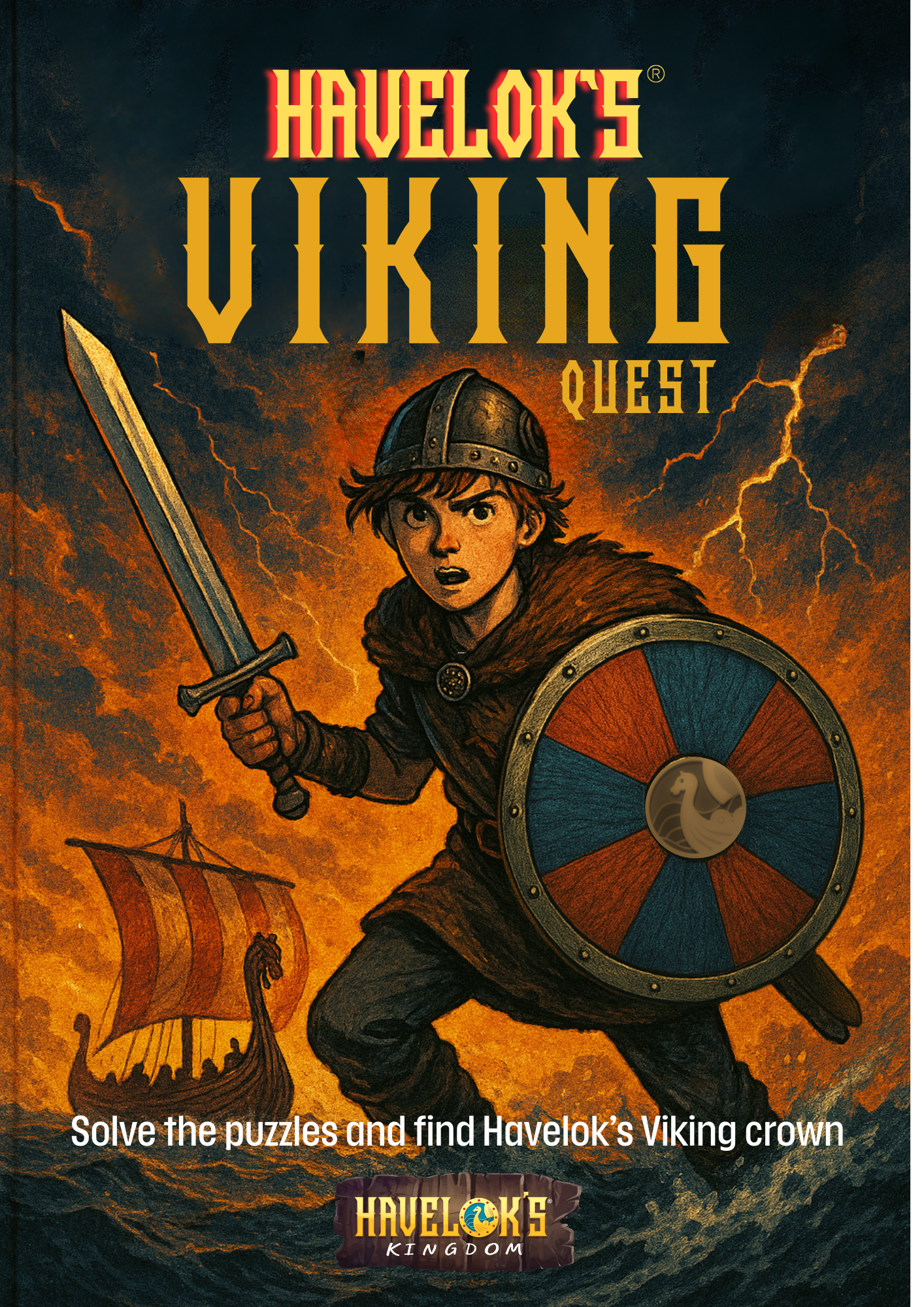 Shows Havelok the Dane the Viking Prince holding a sword with a dramatic background and longship