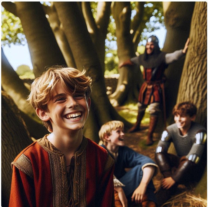 A boy in a red shirt is smiling in the woods