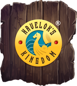 The logo for havelok 's kingdom is on a piece of wood