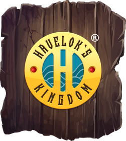 A logo for havelok 's h kingdom is on a piece of wood