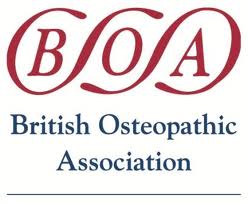 The logo for the british osteopathic association is red and blue.