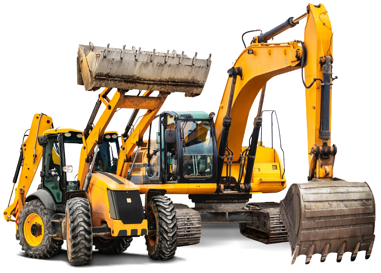 Yellow construction vehicles, a backhoe and an excavator, on a white background.