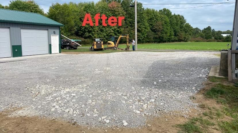 Gravel driveway in front of a garage, with construction equipment in the background; text 