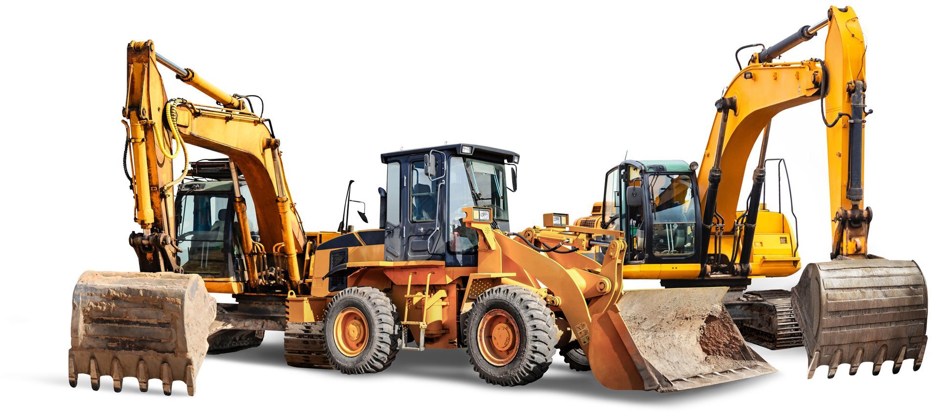 There is a front loader and two excavators with shovels.