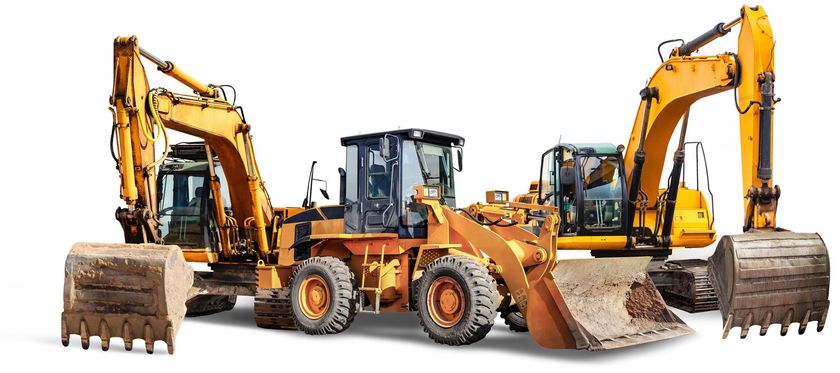 There is a front loader and two excavators with shovels.