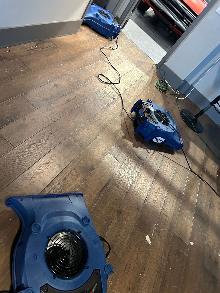 Two blue fans are sitting on a wooden floor.
