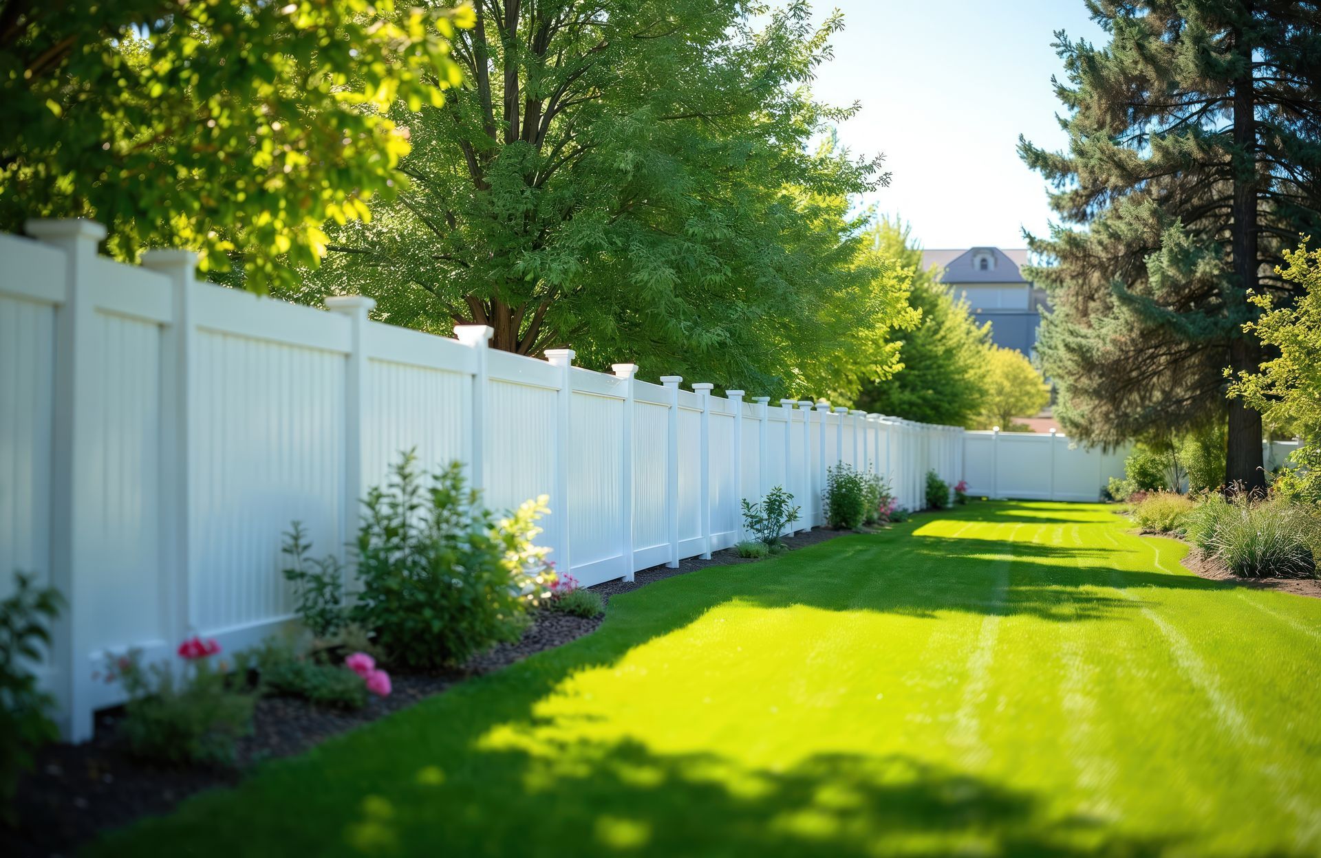 White vinyl fence borders a green lawn with trees and plants in a sunny backyard.