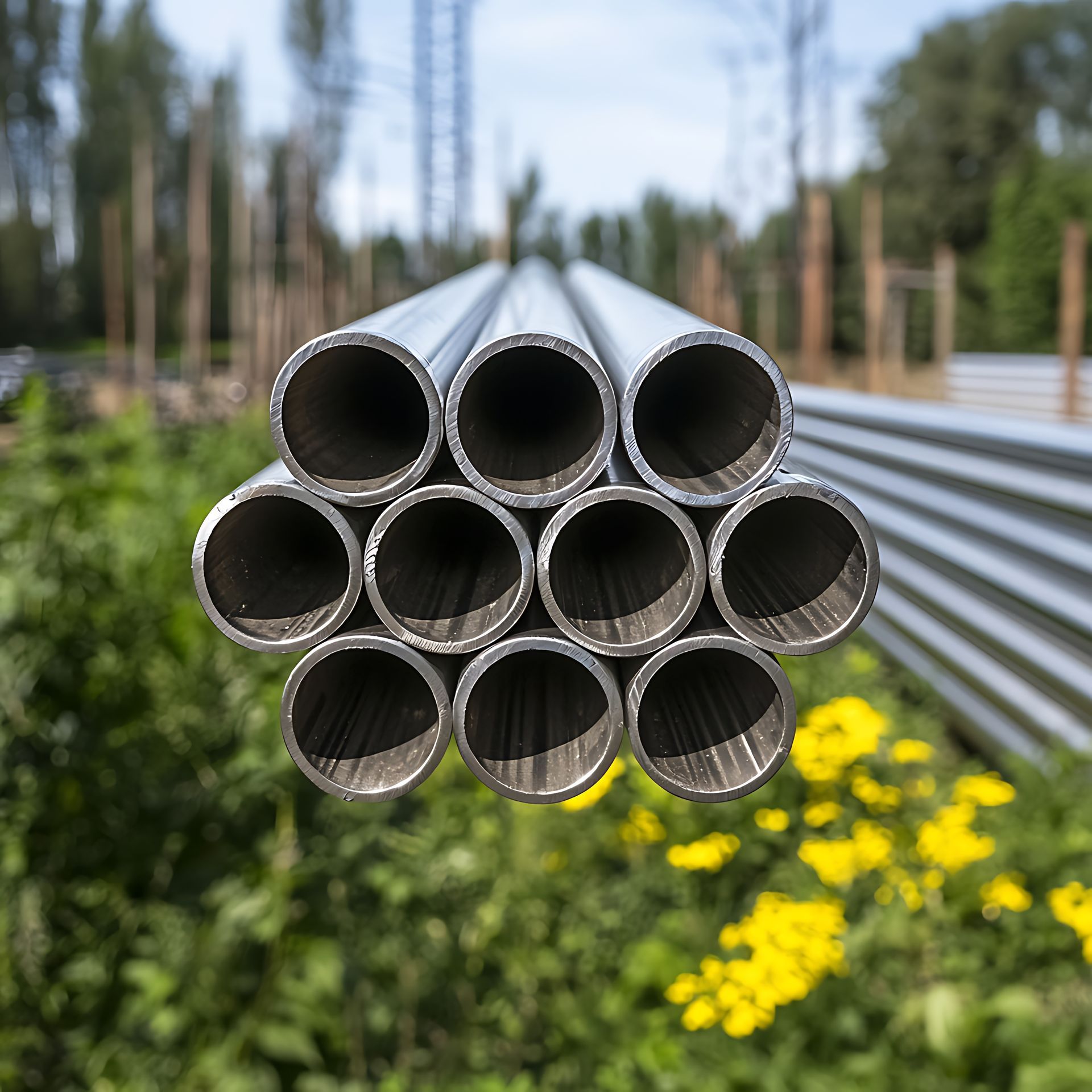 Stack of metal pipes outdoors with greenery in the background.