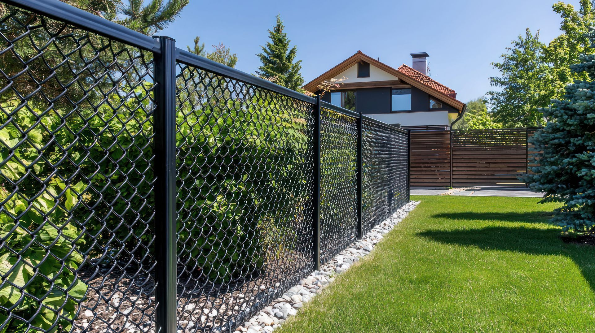 Black chain-link fence bordering a lawn with white stones; house and trees in background.