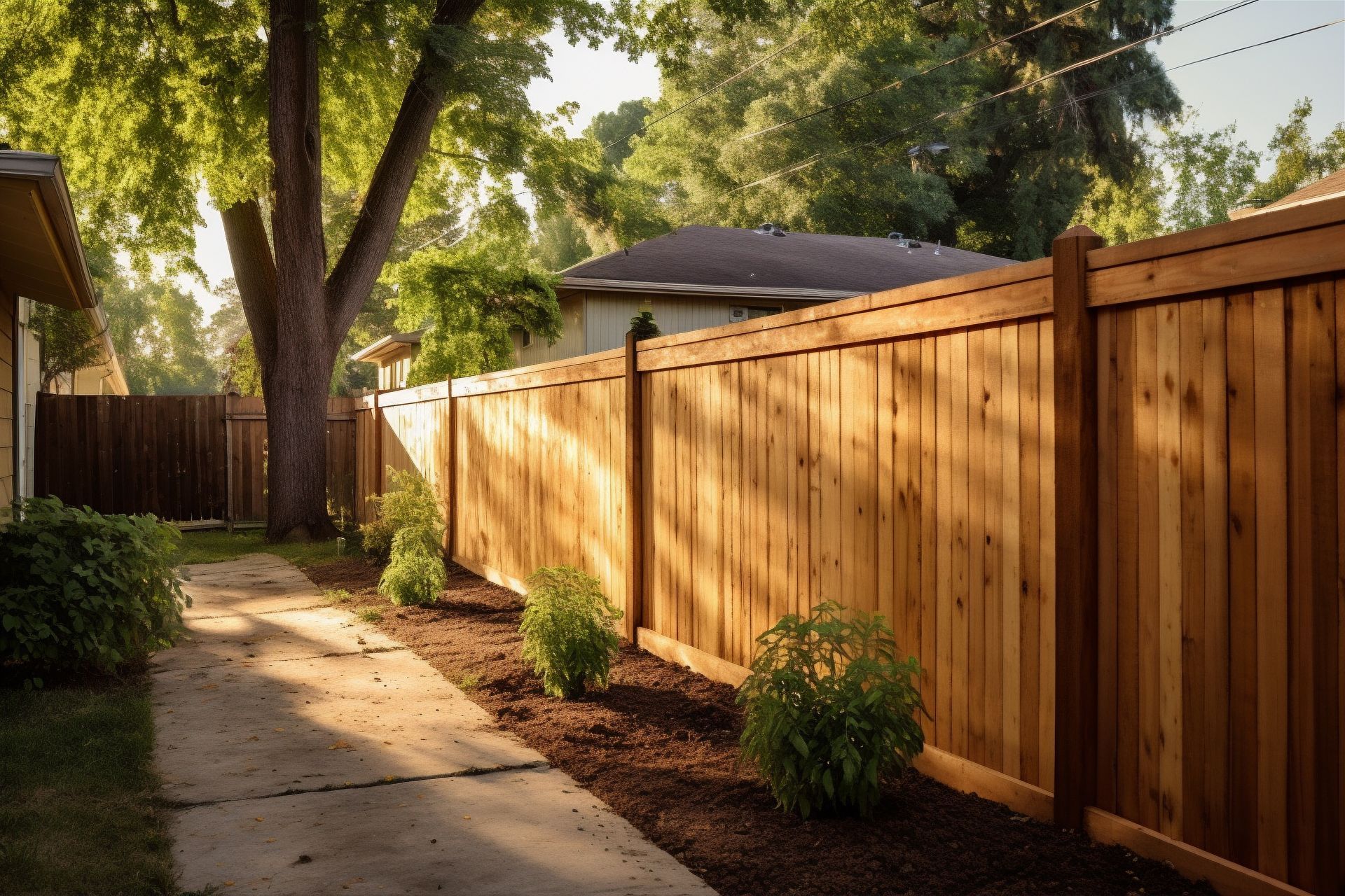 Wooden fence in backyard; plants line the right, path on the left. Sunlight filters through trees.
