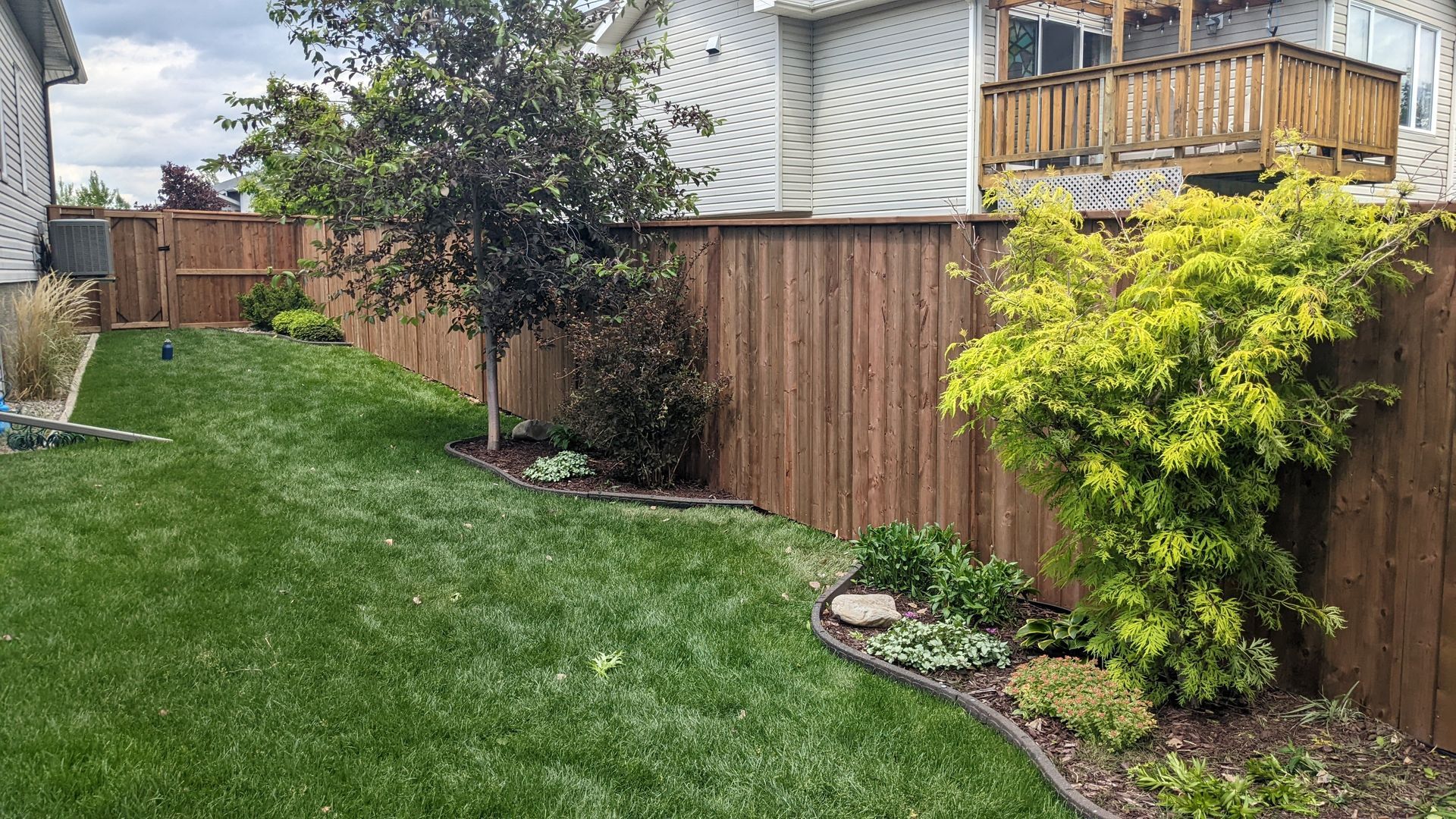 Lush green backyard with wooden fence, small trees and shrubs, and manicured lawn.