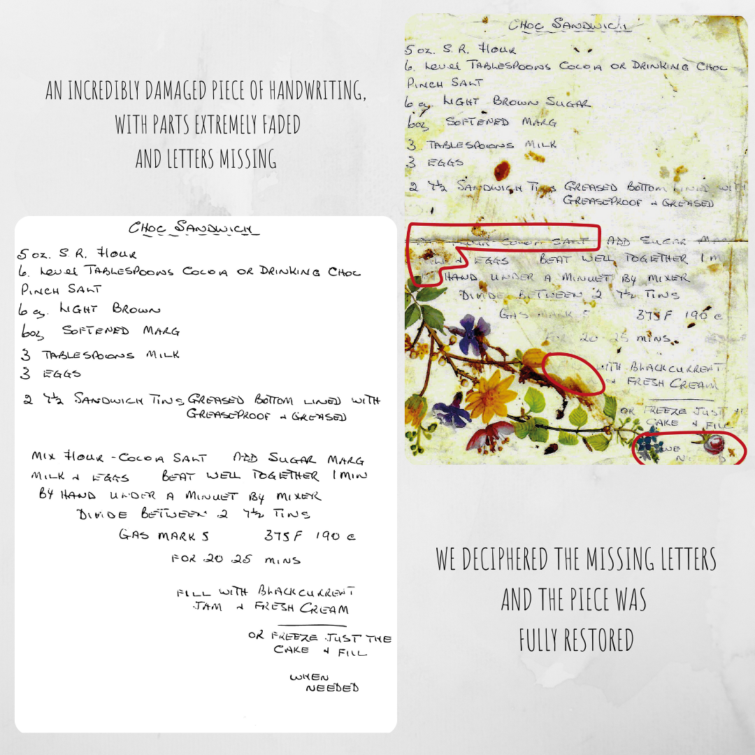 family recipe, torn handwriting, faded handwriting, water damage, stained handwriting paper