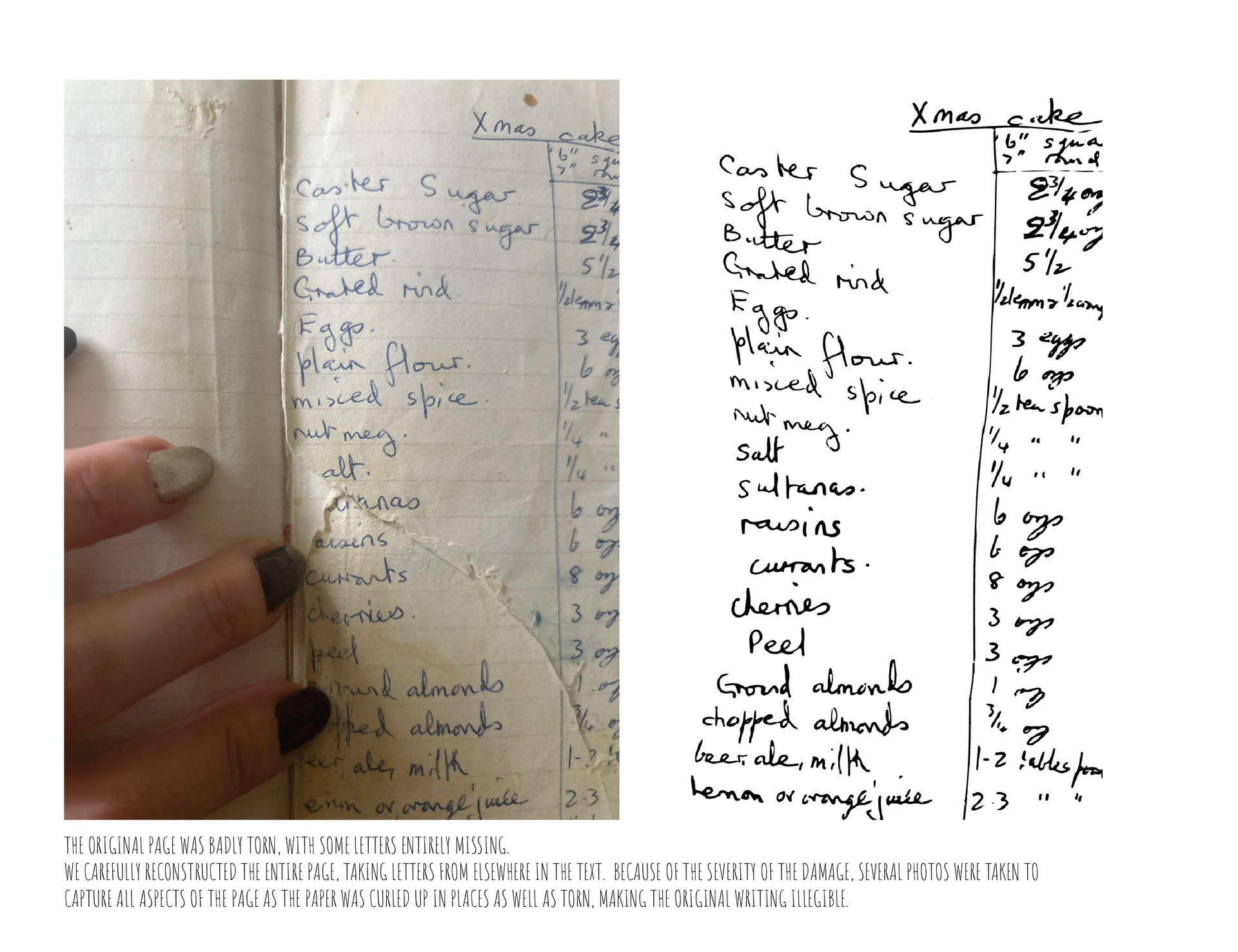 restored handwriting, handwritten recipe, damaged handwriting