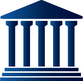 A blue building with columns on a white background