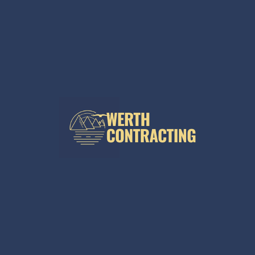 Logo for Werth Contracting: gold text and line art graphic of mountains and water on a navy blue background.