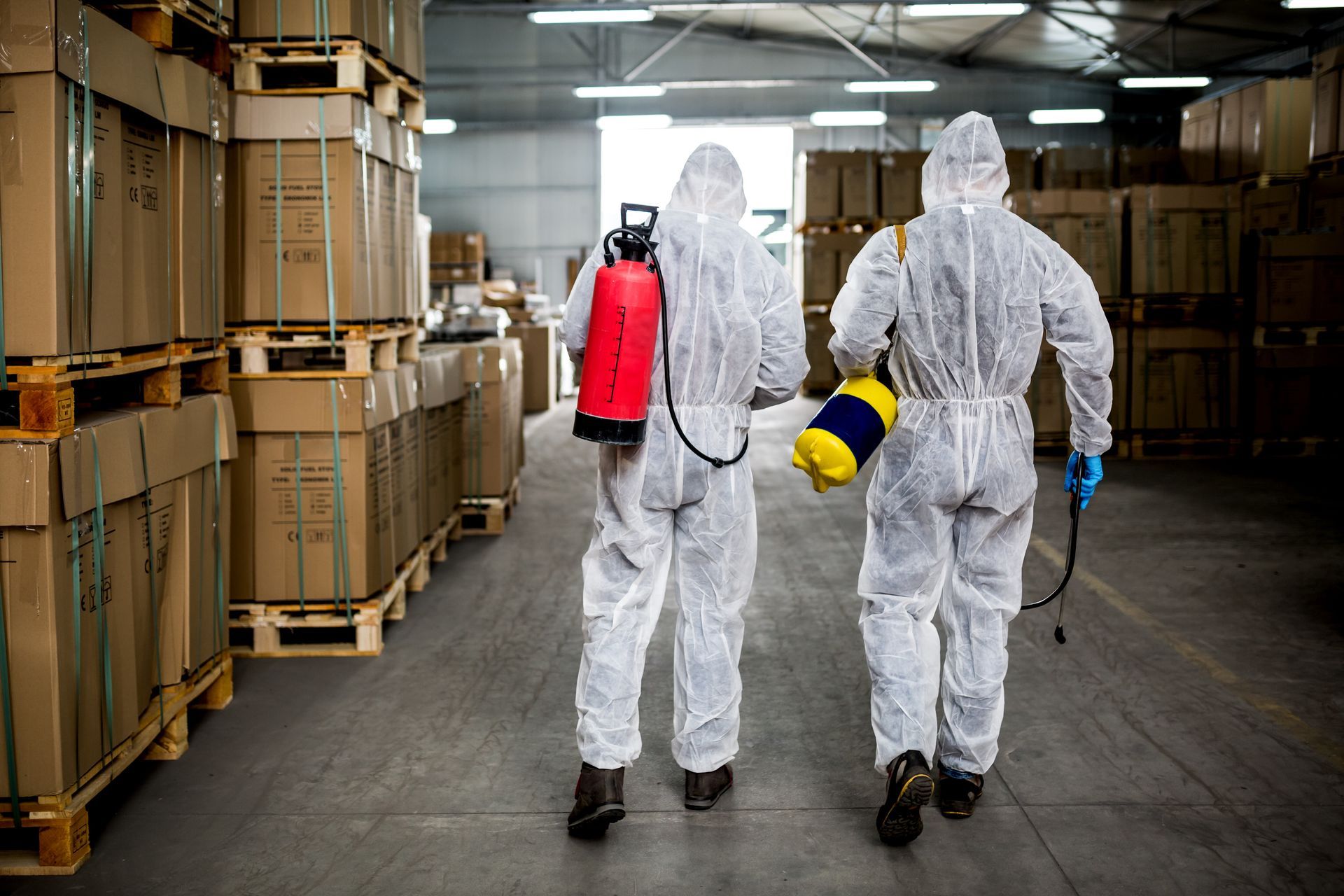 Two pest control workers in protective suits spray insecticide in a warehouse.