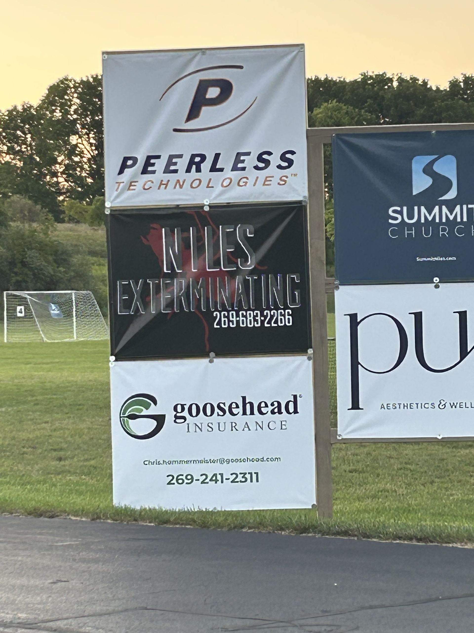 Man in protective gear spraying insecticide near a house with overgrown bushes.