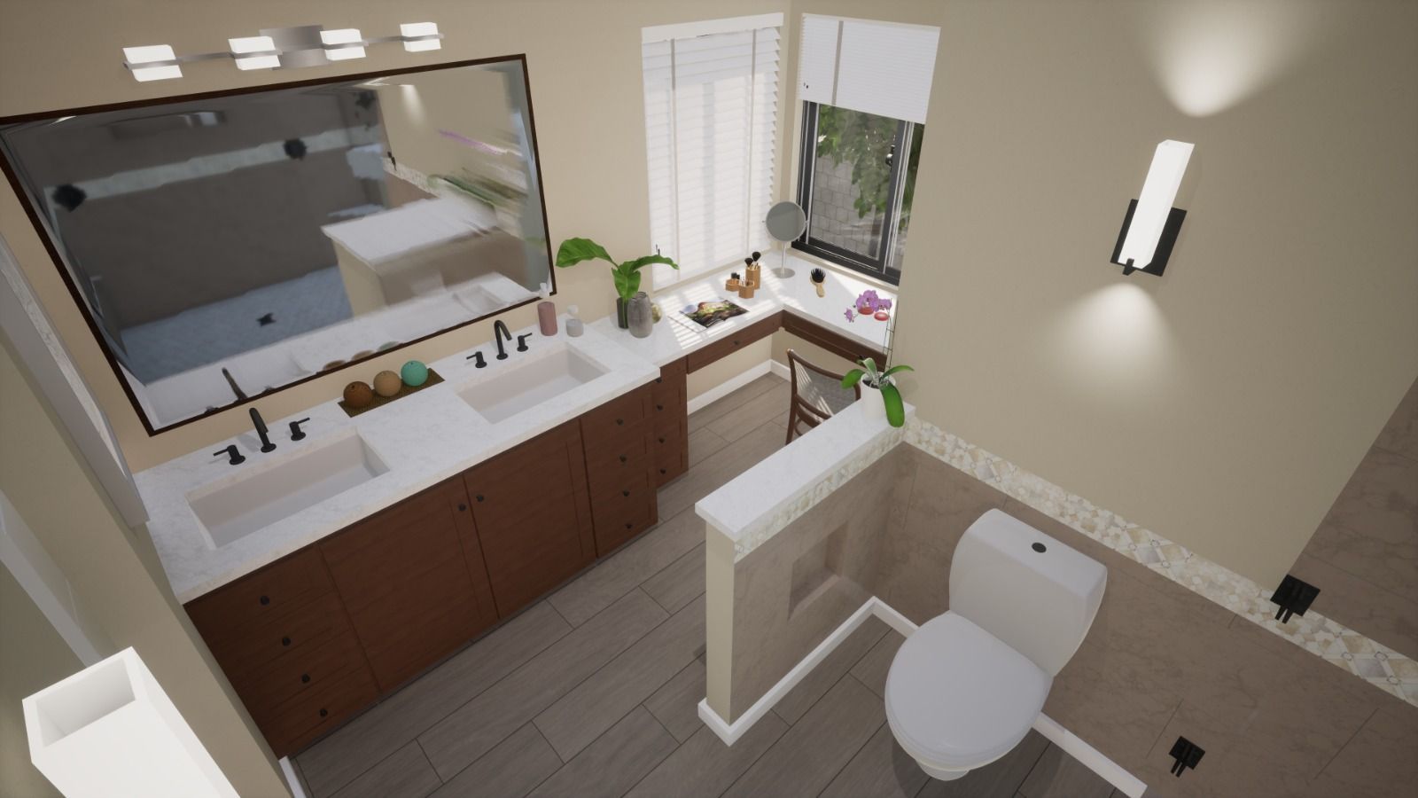 An aerial view of a bathroom with two sinks and a toilet.