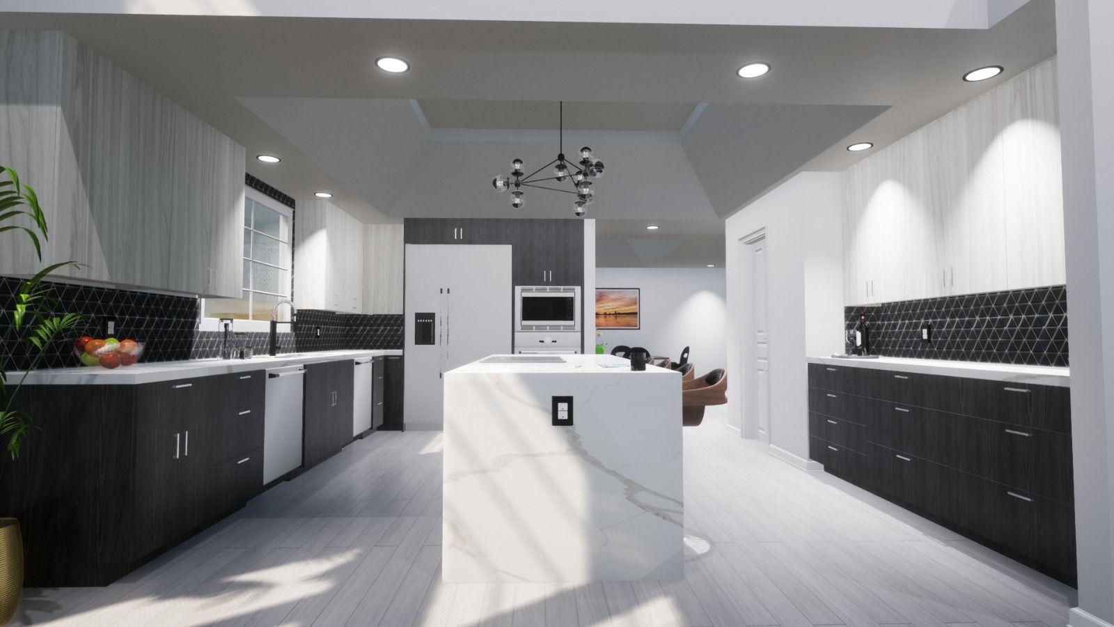 There is a large island in the middle of the kitchen.