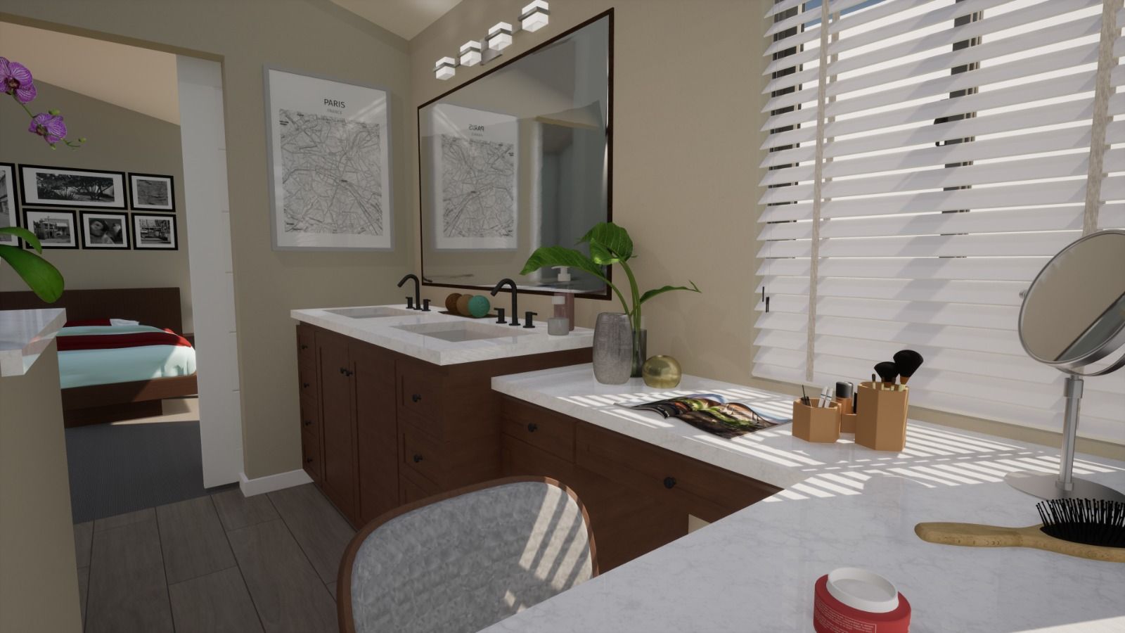 A bathroom with two sinks and a mirror.