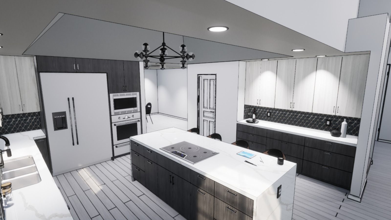 A black and white drawing of a kitchen with a large island in the middle.