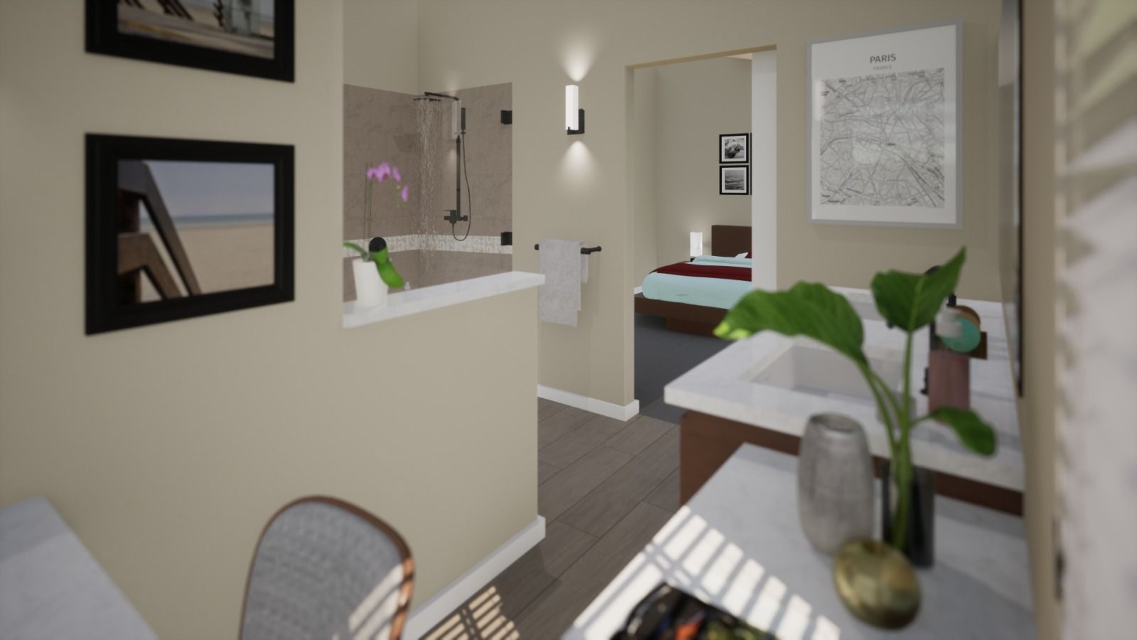 A computer generated image of a bedroom and bathroom