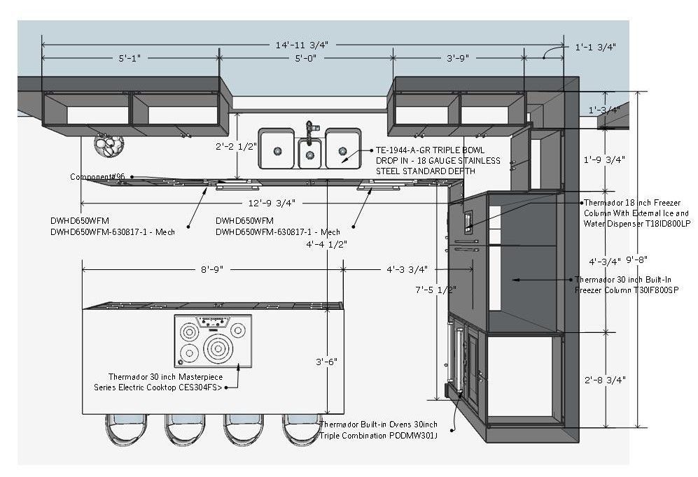 A black and white drawing of a kitchen with measurements
