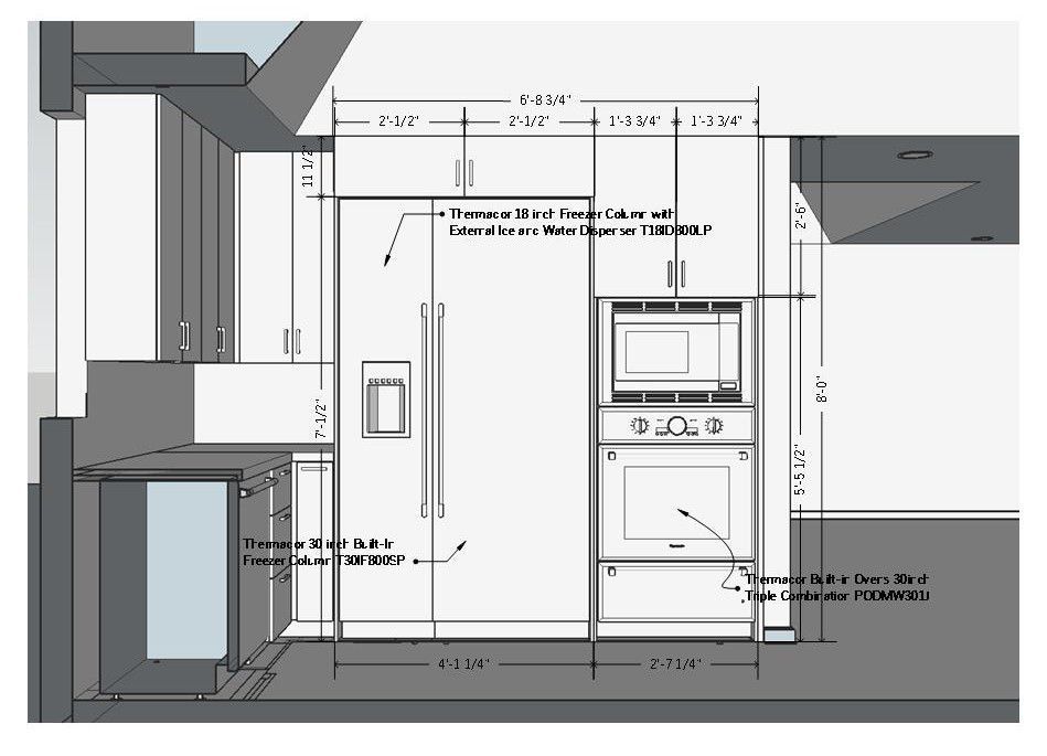 A drawing of a kitchen with measurements on the wall
