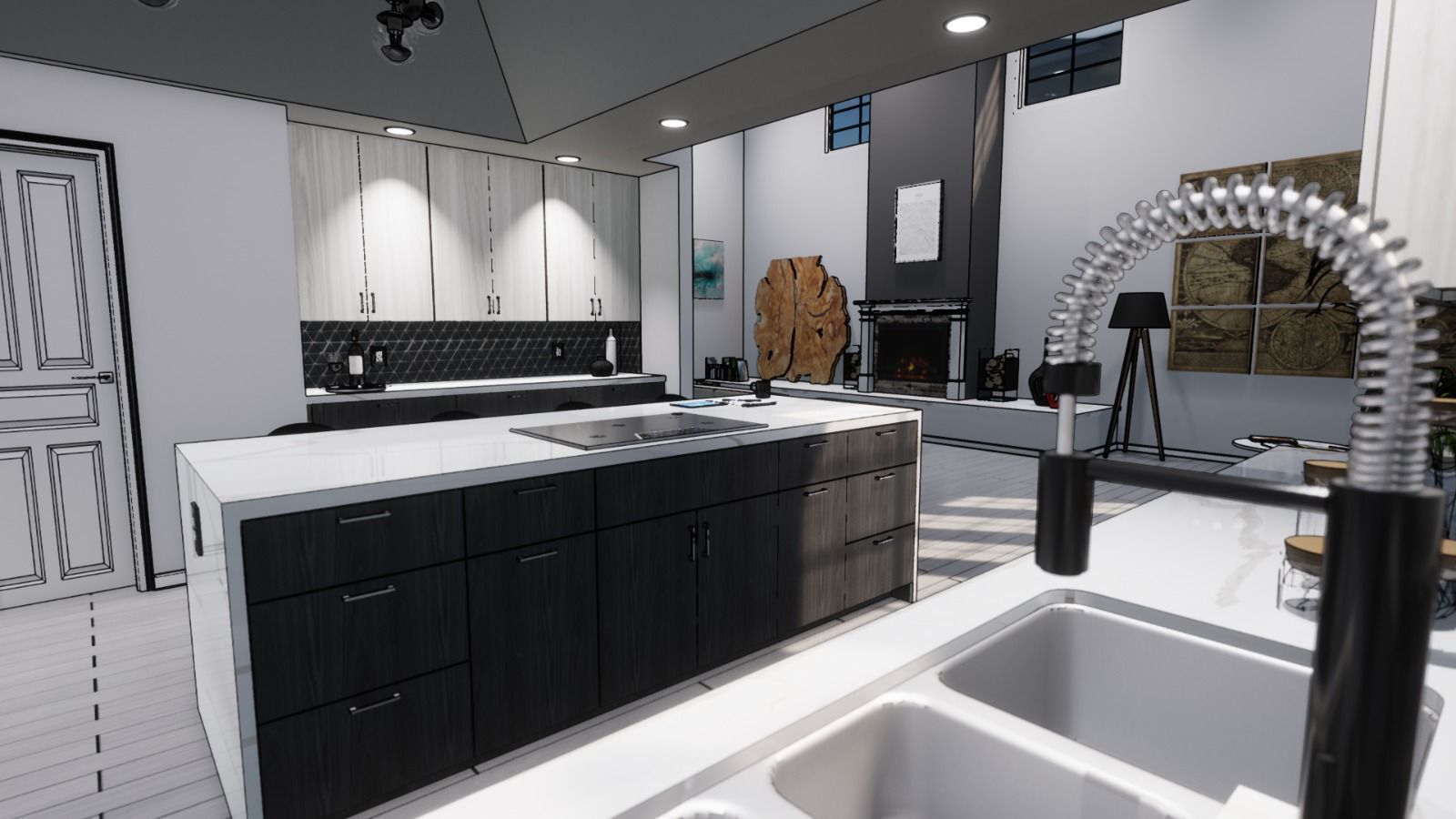 A kitchen with black cabinets and a stainless steel sink.