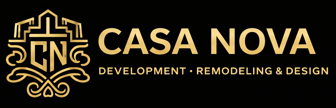 Golden logo with ornate design and text "CASA NOVA", "DEVELOPMENT. RENOVATION. INTERIOR".