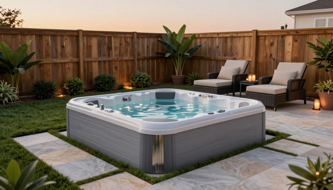 Backyard hot tub with bubbling water, patio stones, lounge chairs, and wooden privacy fence at sunset Backyard hot tub with bubbling water, patio stones, lounge chairs, and wooden privacy fence at sunset