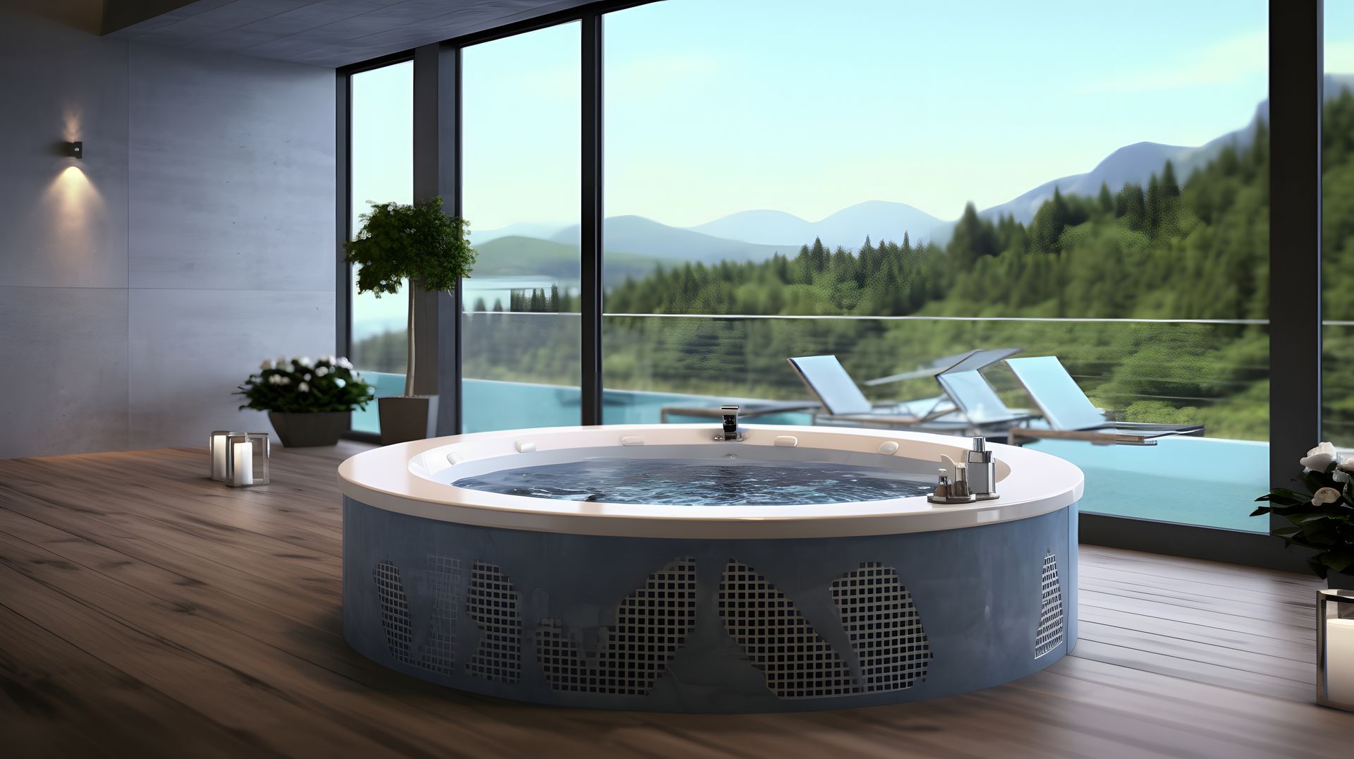 Indoor hot tub with scenic view of lake and mountains through large window.